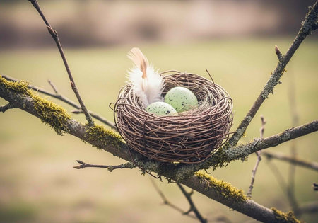 A bird's nest with eggs and a feather sits on a mossy tree branch in a natural outdoor setting.