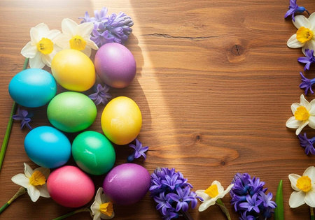 Colorful Easter eggs and flowers arranged on a wooden table for spring celebration