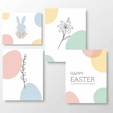 A set of Easter cards with pastel colors and minimalist designs on a white backgroundの写真素材