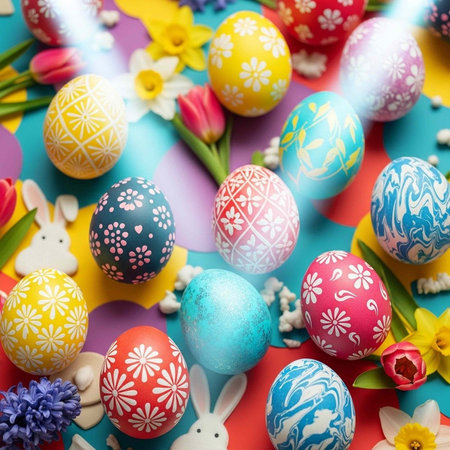 A vibrant Easter-themed arrangement featuring colorful eggs, flowers, and bunnies on a multicolored...