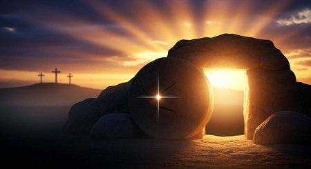A serene landscape of an empty tomb with crosses in the background at sunrise