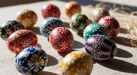 A collection of colorful Easter eggs with intricate designs on a light surface