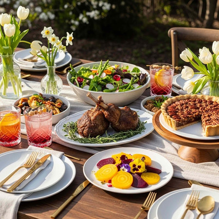 A beautifully set table with food and drinks in a garden for a special outdoor dining experience