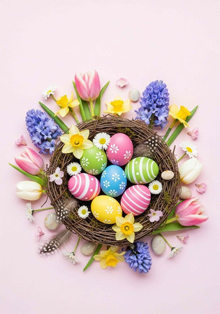 A beautifully decorated Easter nest with colorful eggs and flowers on a pastel pink background