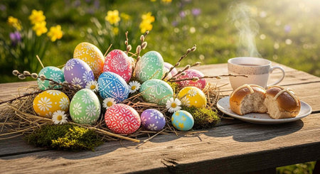 A beautifully decorated Easter egg nest with coffee and bread on a wooden table in a sunny garden