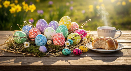 A beautifully decorated Easter egg nest with bread and coffee on a wooden table in a sunny gardenの写真素材