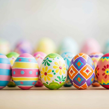 A collection of colorful Easter eggs with various patterns and designs on a table