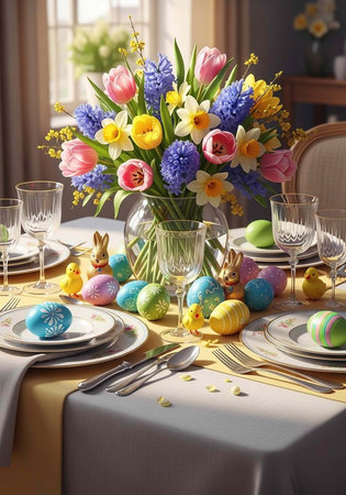 A beautifully set Easter table with colorful flowers and decorated eggs in a bright and cheerful...