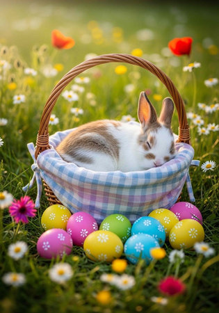 A cute rabbit sleeps in a colorful basket surrounded by Easter eggs and flowers in a sunny meadow