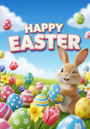 A cheerful Easter bunny surrounded by colorful eggs and flowers in a sunny meadow with a bright blue...