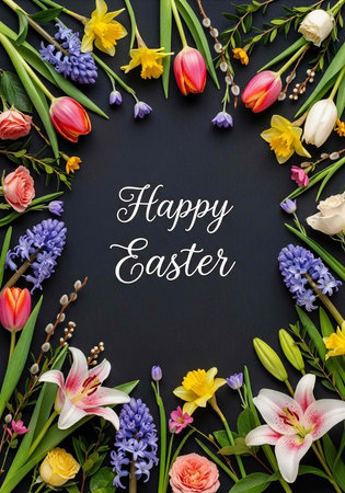 A colorful Easter floral arrangement with vibrant flowers and leaves on a dark background with Happy...