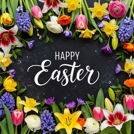 A vibrant Easter floral arrangement with colorful flowers and Happy Easter text on a dark backgroundの写真素材