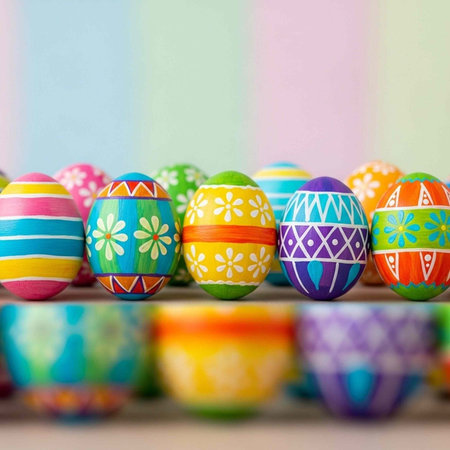 A colorful display of decorated Easter eggs on a shelf with a pastel background