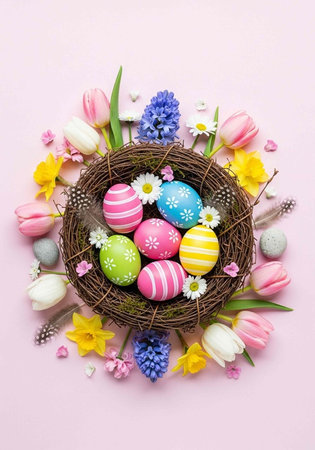 A beautifully decorated Easter nest with colorful eggs and flowers on a pastel pink background