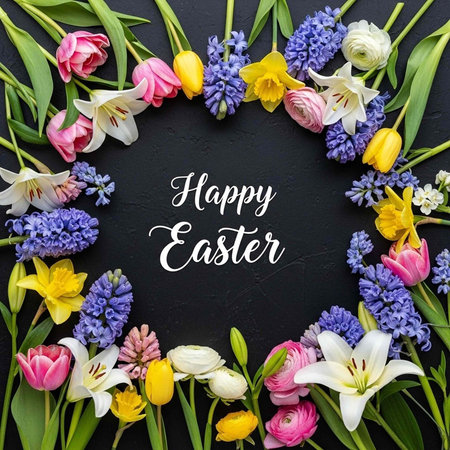 A vibrant Easter wreath made of colorful flowers and leaves on a dark background with Happy Easter...