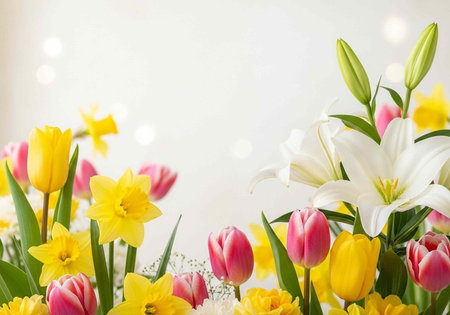 A vibrant bouquet of colorful flowers against a soft, white background with subtle lighting effects.