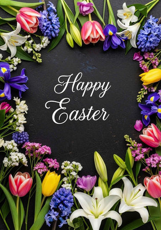 A vibrant Easter floral arrangement with colorful flowers and Happy Easter text on a dark background