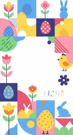 A colorful Easter-themed illustration featuring bunnies, eggs, and flowers in a playful mosaic...
