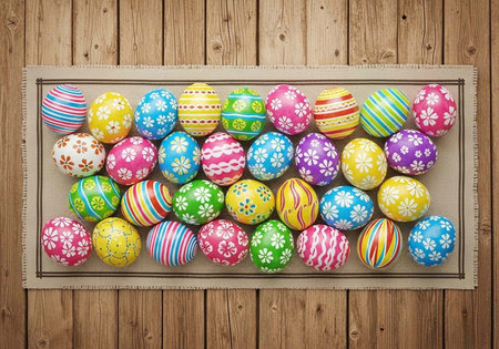 A collection of colorful Easter eggs in a wooden frame on a rustic background