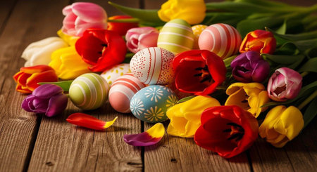 A vibrant Easter-themed arrangement of colorful tulips and decorated eggs on a rustic wooden table