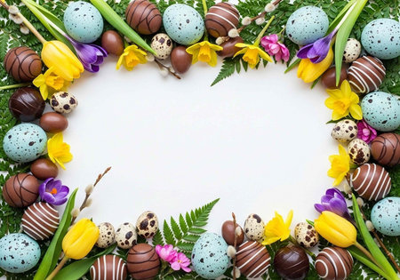 A vibrant Easter-themed arrangement of colorful eggs and flowers on a lush green background