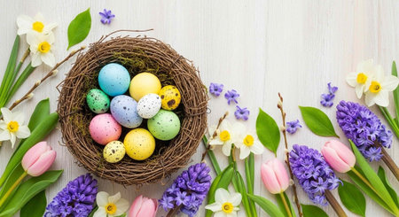 A colorful Easter nest with eggs and flowers on a white wooden background