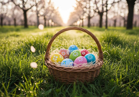 A wicker basket filled with colorful Easter eggs sits in a lush green grassy field at sunset