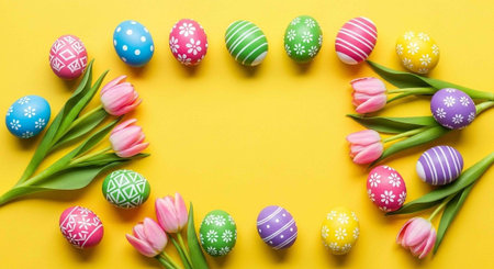 Colorful Easter eggs and tulips arranged in a circle on a bright yellow background for spring...