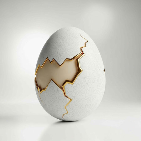 A cracked white egg with gold interior on a plain background, symbolizing luxury and new beginnings.