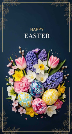 A vibrant Easter floral arrangement with colorful eggs on a dark blue background for spring...