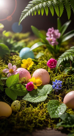 A vibrant Easter scene with colorful eggs and flowers in a lush green mossy environment for...
