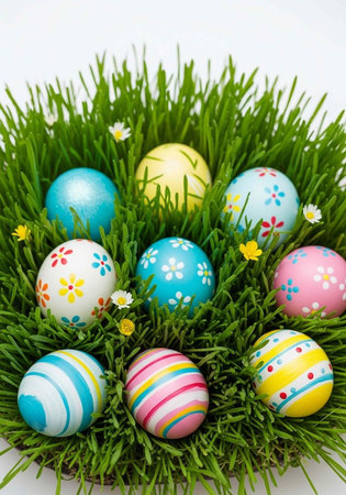Colorful Easter eggs decorated with flowers and stripes in a bed of green grass with small yellow...