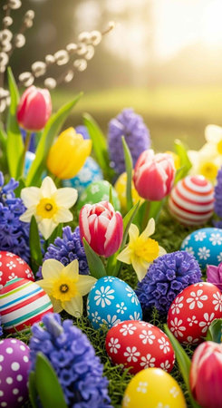 A vibrant Easter celebration with colorful eggs and flowers in a sunny outdoor setting