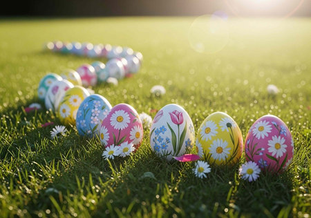 Colorful Easter eggs decorated with flowers lying in a green grassy field on a sunny day