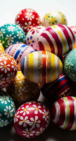 A collection of colorful Easter eggs with various patterns and designs on a white background
