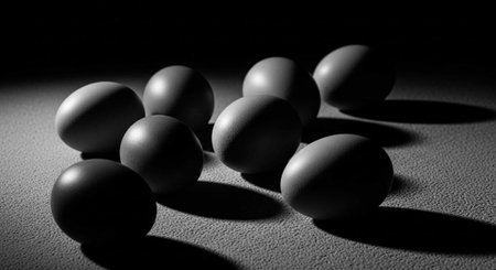 A group of smooth stones arranged on a textured surface in a dramatic black and white setting