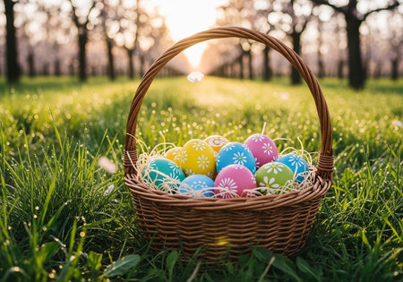 A wicker basket filled with colorful Easter eggs sits in a lush green meadow at sunset