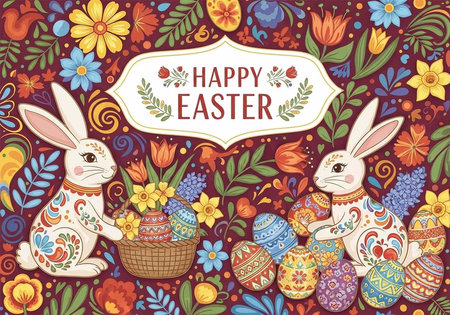 A colorful Easter illustration featuring two bunnies with decorated eggs and flowers