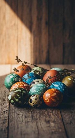 A collection of colorful Easter eggs on a wooden table with a rustic background