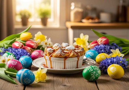 A delicious dessert surrounded by colorful Easter eggs and flowers on a wooden table in a bright...