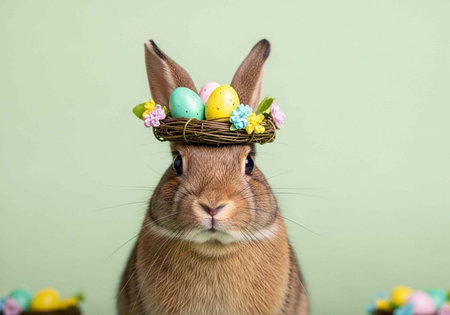 A cute brown rabbit wearing a floral Easter nest with colorful eggs on its head in a studio setting.の写真素材