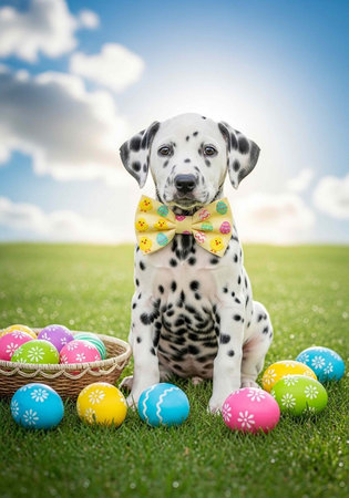 A cute dalmatian puppy wearing a bow tie sits on green grass with colorful Easter eggs and a basket.