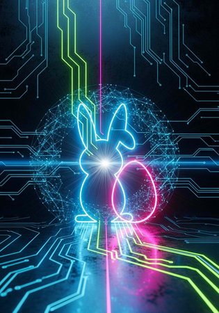 A futuristic digital illustration of a neon-lit bunny in a circuit board background with vibrant colors and glowing lines.の写真素材