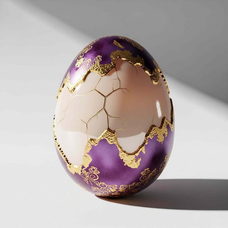 A beautifully crafted purple and gold egg with intricate designs and cracks on a white surface