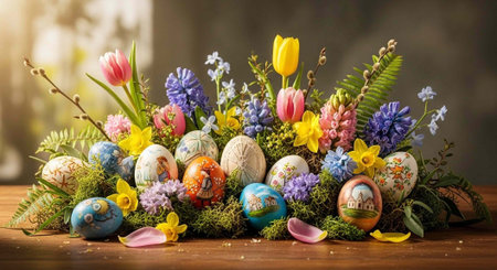 A vibrant Easter arrangement of colorful eggs and flowers on a wooden table in a bright room