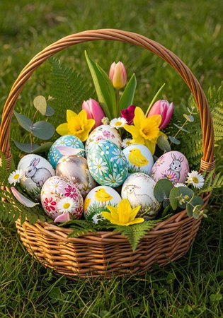A wicker basket filled with colorful Easter eggs and flowers on a grassy lawn outdoors