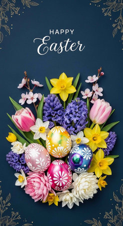 A vibrant Easter floral arrangement with colorful eggs on a dark blue background for spring...
