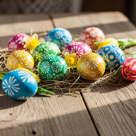 A vibrant collection of colorful Easter eggs with floral patterns in a nest on a wooden table