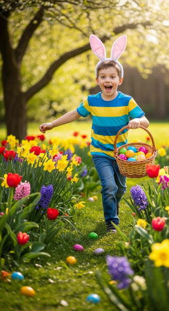 A young boy in bunny ears runs through a vibrant flower field with an Easter egg basket