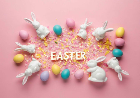A festive Easter arrangement with white bunnies and colorful eggs on a pink background for holiday...